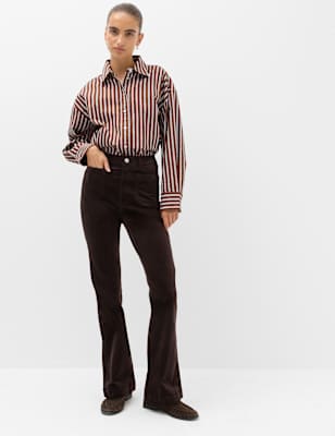 Womens M&S High Waisted Flared Corduroy Trousers, Bitter Chocolate