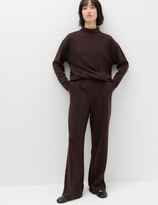 Womens M&S Cotton Rich Pintuck Wide Leg Trousers, Bitter Chocolate