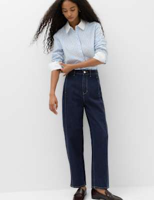 Womens M&S Cotton Rich High Waisted Carrot Leg Jeans, Indigo Mix