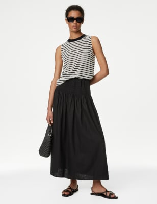 

M&S Collection Falda a media pierna de corte en A de lino fruncidaWomens - Black, Black