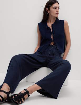 

Womens M&S Collection Linen Rich Wide Leg Cropped Trousers, Navy