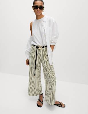 

Womens M&S Collection Linen Rich Wide Leg Cropped Trousers, Green Mix