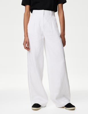 

Womens M&S Collection Pure Linen Wide Leg Trousers - Soft White, Soft White