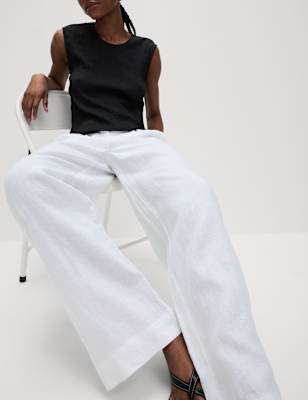 

Womens M&S Collection Pure Linen Wide Leg Trousers, Soft White