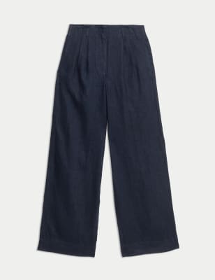 

Womens M&S Collection Pure Linen Wide Leg Trousers - Navy, Navy