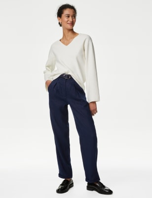 

Womens M&S Collection Pure Linen Tapered Trousers - Navy, Navy