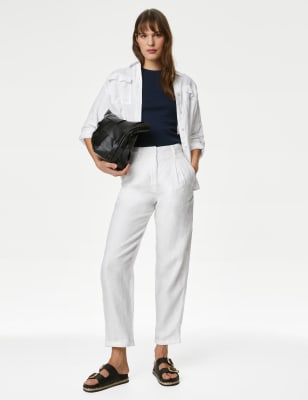 

Womens M&S Collection Pure Linen Tapered Trousers - Soft White, Soft White