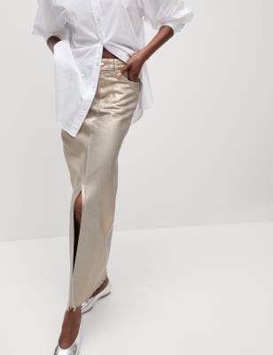 

Womens M&S Collection Denim Foil Metallic Maxi Skirt - Gold, Gold