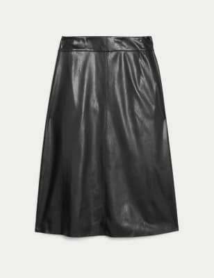 

Womens M&S Collection Leather Look Midi A-Line Skirt - Black, Black