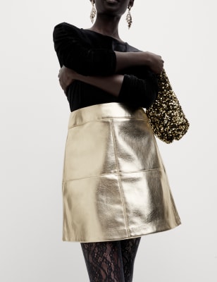 

Womens M&S Collection Leather Look Metallic Mini A-Line Skirt - Gold, Gold