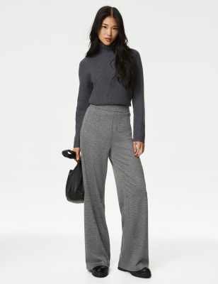 

Womens M&S Collection Jersey Checked Wide Leg Trousers - Grey Mix, Grey Mix