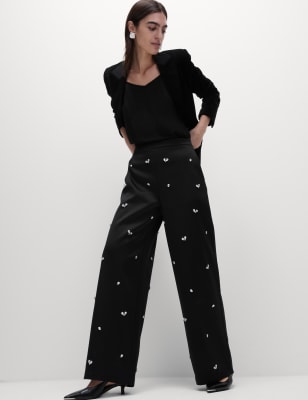 

Womens M&S Collection Satin Elasticated Waist Wide Leg Trousers - Black Mix, Black Mix