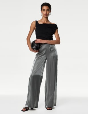 

Womens M&S Collection Metallic Drawstring Wide Leg Trousers - Silver Mix, Silver Mix