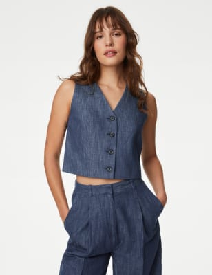 

Womens M&S Collection Einreihige Weste mit hohem Baumwollanteil - Blue Mix, Blue Mix