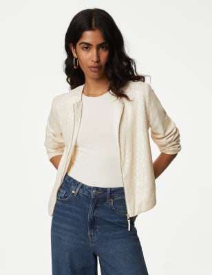 

Womens M&S Collection Collarless Sequin Bomber Jacket - Neutral, Neutral