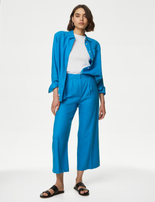 

Womens M&S Collection Linen Rich Wide Leg Cropped Trousers - Bright Blue, Bright Blue