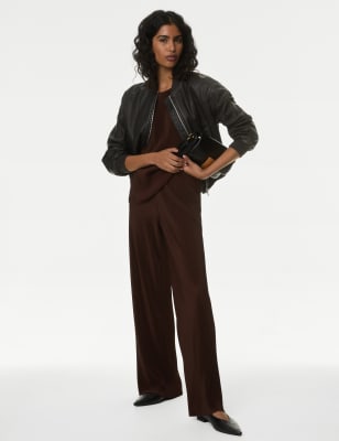 

Womens M&S Collection Plisse Wide Leg Trousers - Dark Chocolate, Dark Chocolate