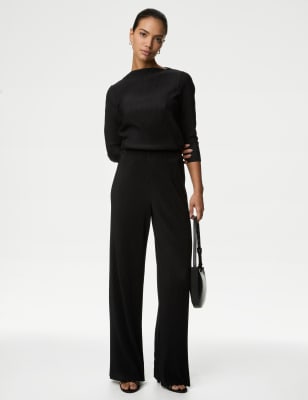 

Womens M&S Collection Plisse Wide Leg Trousers - Black, Black