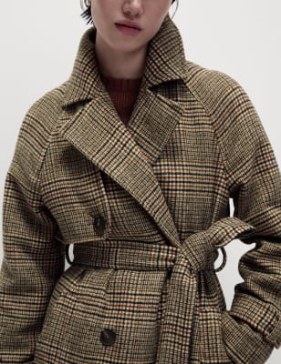 

Womens M&S Collection Checked Longline Trench Coat with Wool - Brown Mix, Brown Mix