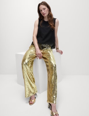 

Womens M&S Collection Sequin Pleat Front Wide Leg Trousers - Gold Mix, Gold Mix