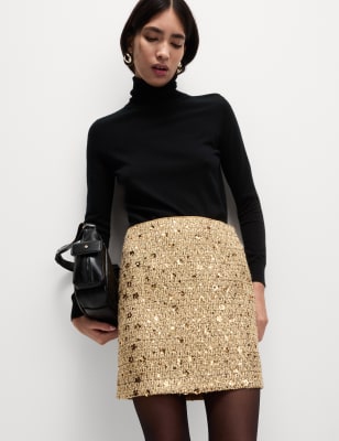 

Womens M&S Collection Sequin Mini A-Line Skirt with Wool, Gold Mix