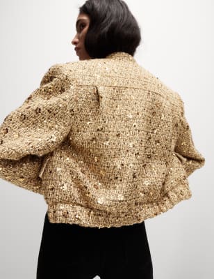 

Womens M&S Collection Tweed Sequin Cropped Jacket - Gold Mix, Gold Mix