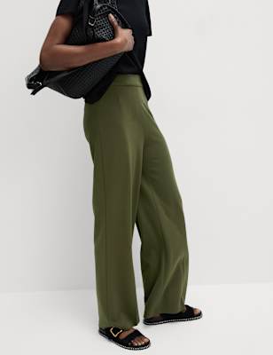 

Womens M&S Collection Jersey Wide Leg Trousers with Stretch - Dark Khaki, Dark Khaki