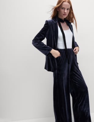 

Womens M&S Collection Velvet Elasticated Waist Wide Leg Trousers - Midnight Navy, Midnight Navy