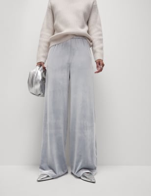 

Womens M&S Collection Velvet Elasticated Waist Wide Leg Trousers, Silver