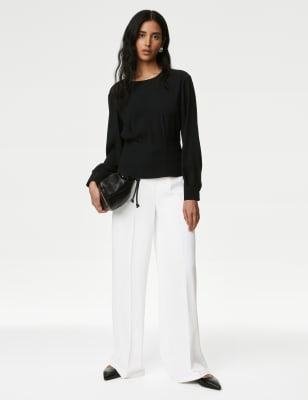 

Womens M&S Collection Crepe Elasticated Waist Wide Leg Trousers - Soft White, Soft White