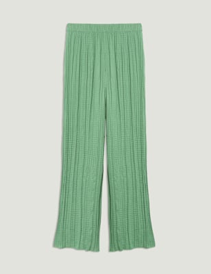 M&S Plisse Wide Leg Trousers - 20LNG - Black, Black