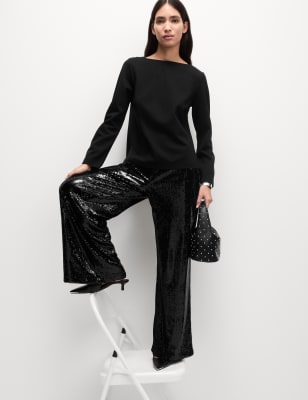 

Womens M&S Collection Sequin Wide Leg Trousers - Black, Black