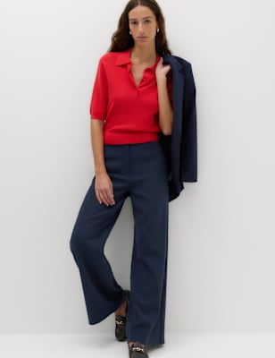 Womens M&S Tailored Side Tab Wide Leg Trousers, Navy
