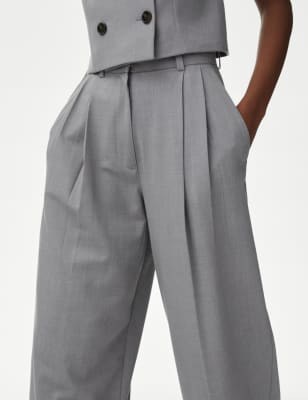 

Womens M&S Collection Pleat Front Relaxed Wide Leg Trousers - Grey Marl, Grey Marl