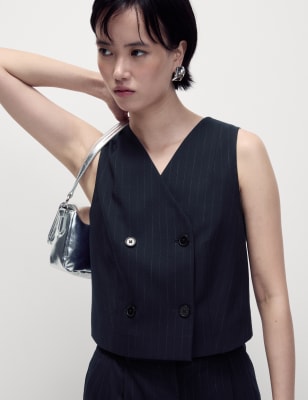 

Womens M&S Collection Tailored Pinstripe Double Breasted Waistcoat - Navy Mix, Navy Mix