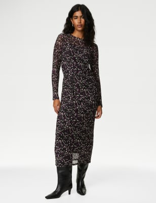 

Womens M&S Collection Jersey Printed Round Neck Mesh Midi Column Dress - Magenta Mix, Magenta Mix