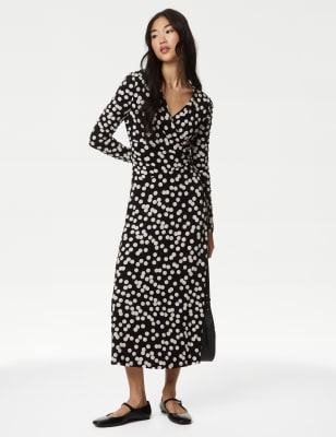 

Womens M&S Collection Jersey Polka Dot V-Neck Midi Wrap Dress - Black Mix, Black Mix