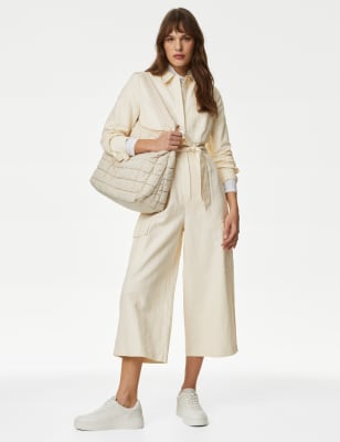 

Womens M&S Collection Knöchellanger Denim-Jumpsuit mit Gürtel - Ecru, Ecru