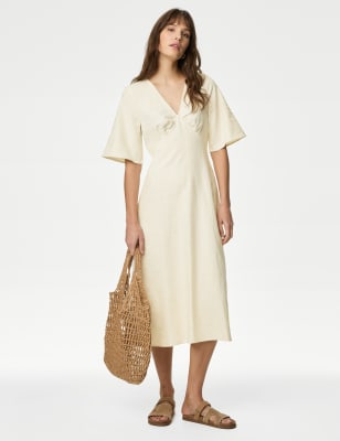 

Womens M&S Collection Linen Blend V-Neck Midaxi Tea Dress - Ecru, Ecru