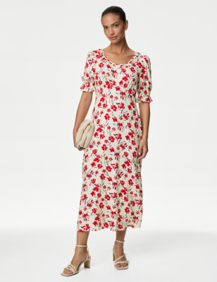 

Womens M&S Collection Gemustertes Maxi-Teekleid mit Rüschendetail - Red Mix, Red Mix