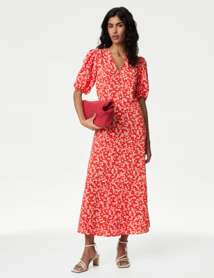 

M&S Collection Vestido de tarde maxi a media pierna de escote en pico con estampado de florecillasWomens - Red Mix, Red Mix