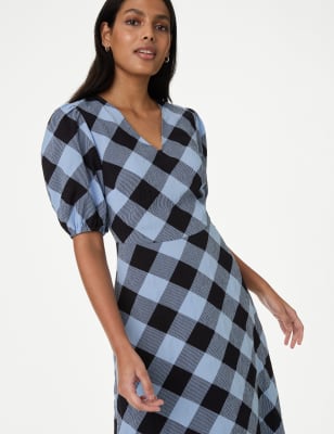 

Womens M&S Collection Gingham V Neck Puff Sleeve Tea Dress - Blue Mix, Blue Mix