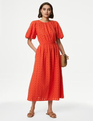 

Womens M&S Collection Pure Cotton Checked Midi Waisted Dress - Orange, Orange
