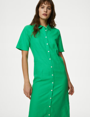 

M&S Collection Vestido camisero maxi a media pierna de linoWomens - Green, Green
