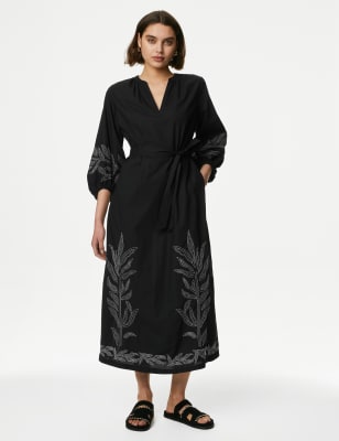 

M&S Collection Vestido a la cintura a media pierna 100% algodón bordadoWomens - Black Mix, Black Mix