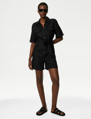 

Womens M&S Collection Kurzarm-Playsuit mit hohem Leinenanteil und Gürtel - Black, Black