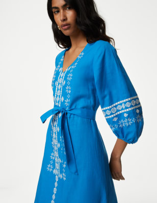 

Womens M&S Collection Besticktes Freizeitkleid mit hohem Leinenanteil und V-Ausschnitt - Blue Mix, Blue Mix