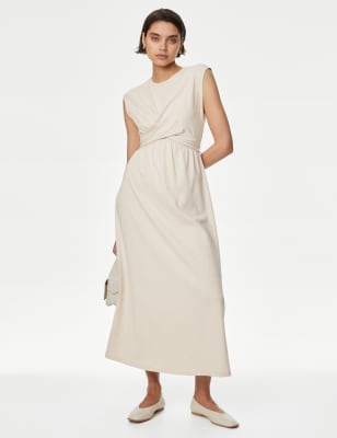 

Womens M&S Collection Midi-Wickelkleid aus reiner Baumwolle mit Rundhalsausschnitt - Cream, Cream