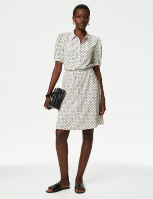 

Womens M&S Collection Printed Collared Tie Waist Mini Shirt Dress - Ivory Mix, Ivory Mix