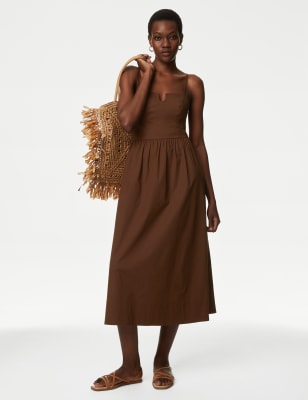 

Womens M&S Collection Tailliertes Midi-Kleid mit hohem Baumwollanteil - Neutral, Neutral